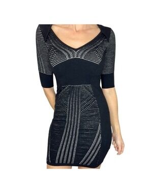 Karen Millen black white wool blend knit body on mini dress 1